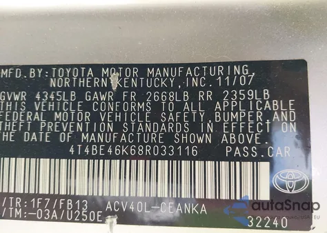 2008 Toyota Camry Le z USA, uszkodzony, nr VIN 4T4BE46K68R033116